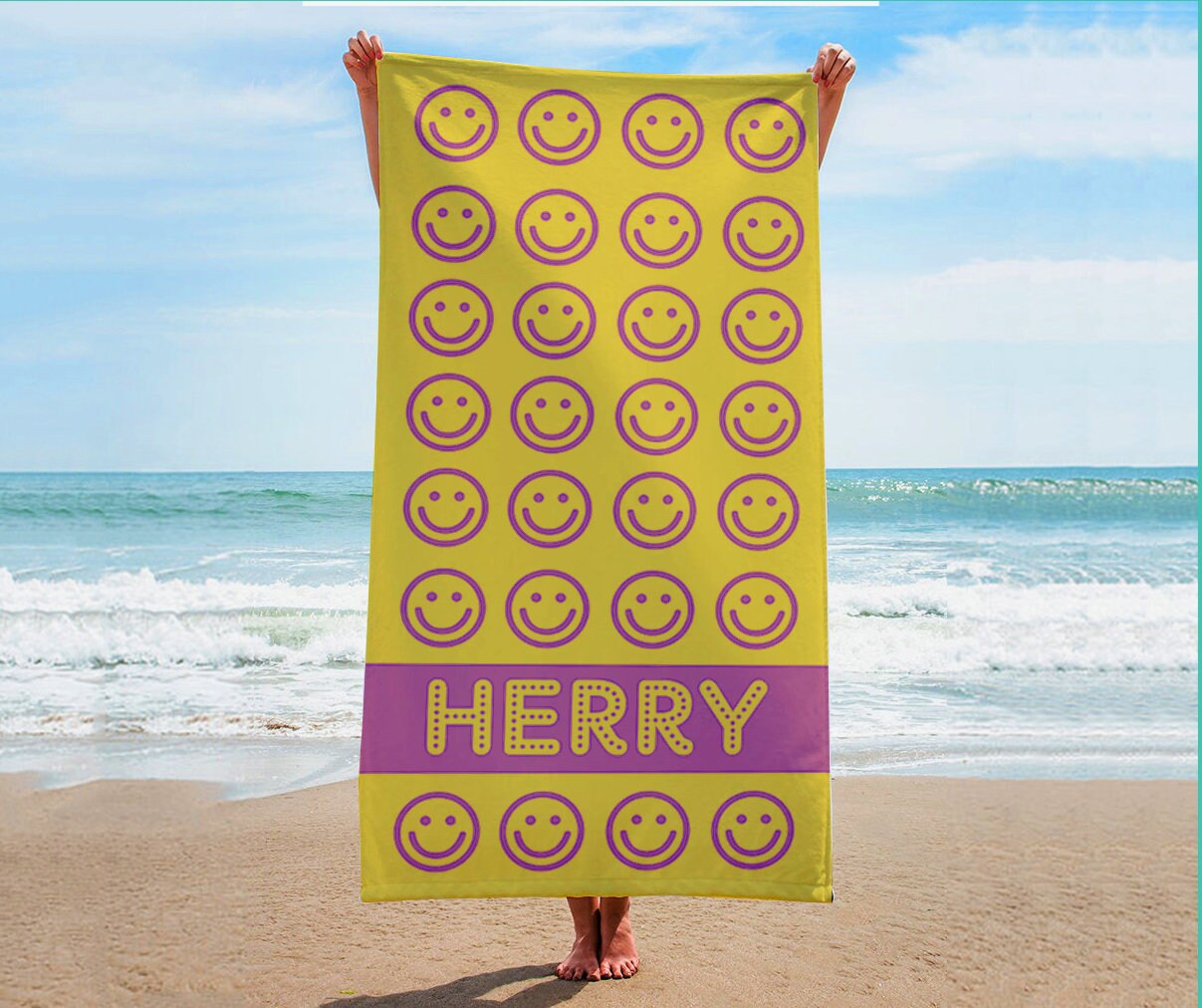 New Happy Smile Personalized Beach Towel Personalized Name Bath Towel Custom Pool Towel Beach Towel With Name Outside Birthday Vacation Gift