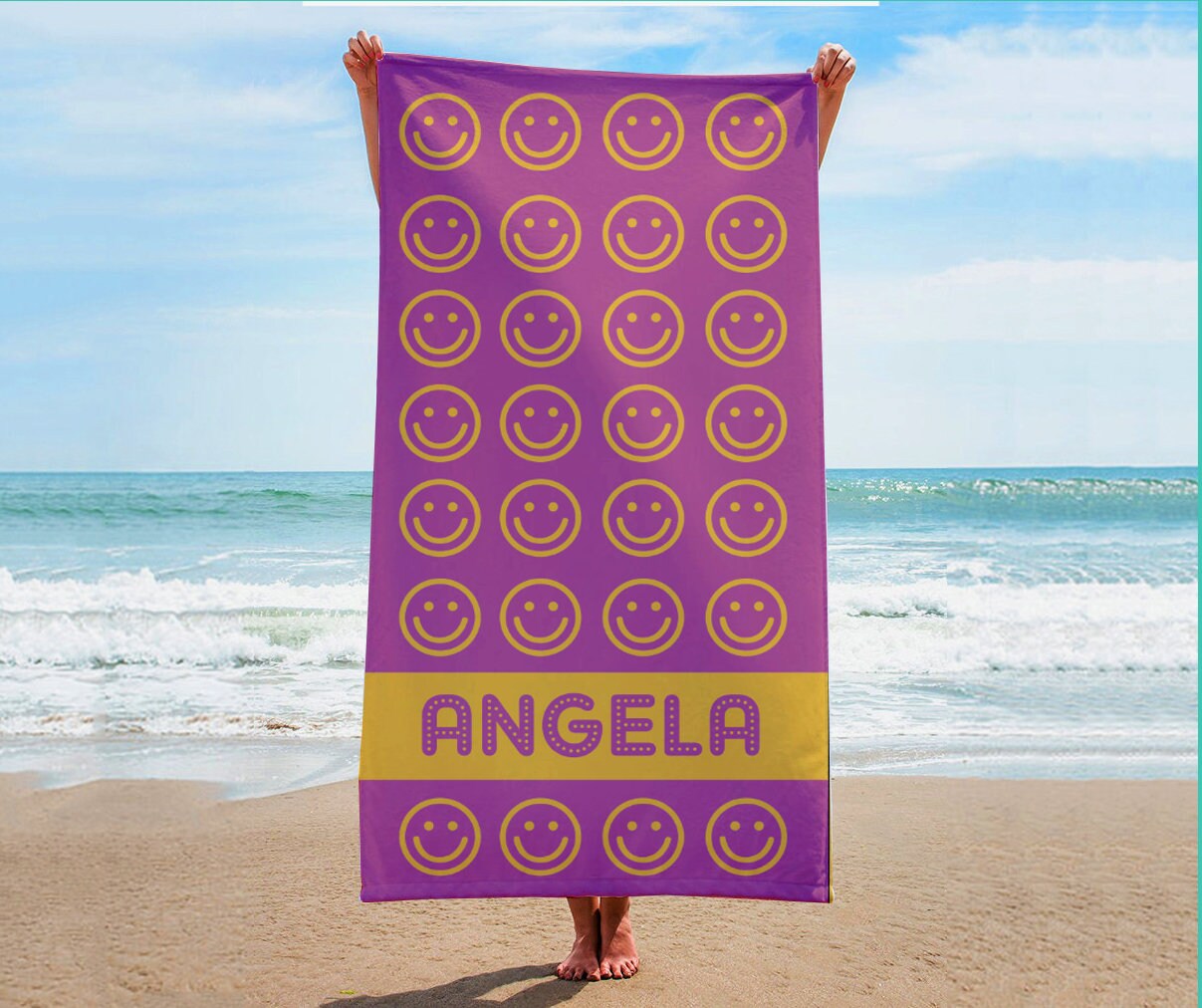 New Happy Smile Personalized Beach Towel Personalized Name Bath Towel Custom Pool Towel Beach Towel With Name Outside Birthday Vacation Gift
