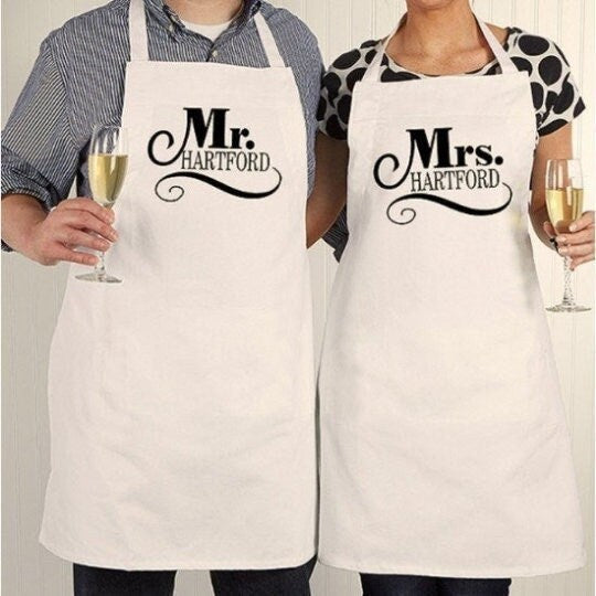 Personalized Apron Set Mr. & Mrs. Matching Apron Gift Set Gift For Couple Wedding Gift Newlywed Gift Add Your Name Aprons - CustomCooper