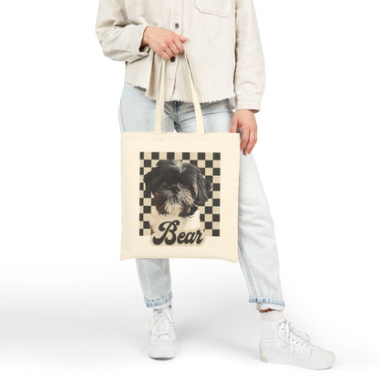 Personalized Pet Tote Bag — Custom "Bear" Shih Tzu Portrait on Checkerboard Canvas Tote