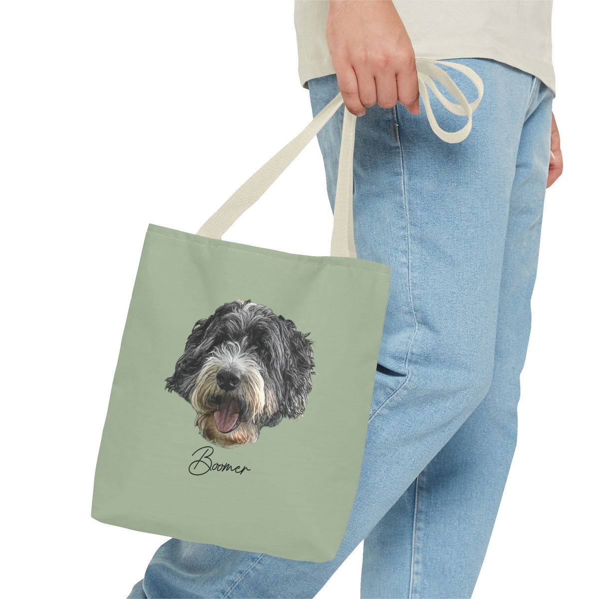 Dog Portrait Tote Bag — Custom Pet Face Print (e.g., “Boomer”)