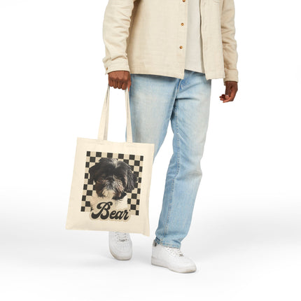 Personalized Pet Tote Bag — Custom "Bear" Shih Tzu Portrait on Checkerboard Canvas Tote