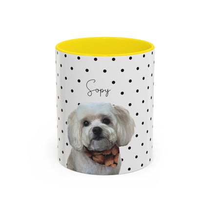 Personalized Dog Photo Polka Dot Accent Coffee Mug (11/15oz) — Custom Name "Sopy"