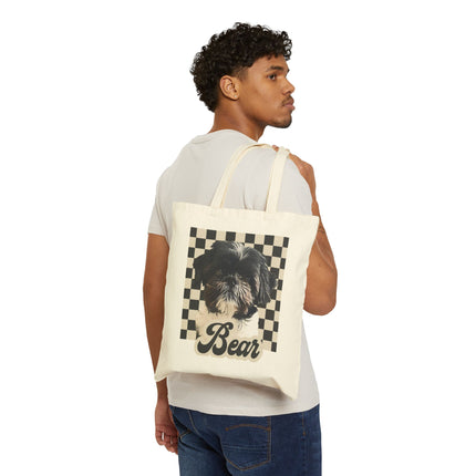 Personalized Pet Tote Bag — Custom "Bear" Shih Tzu Portrait on Checkerboard Canvas Tote