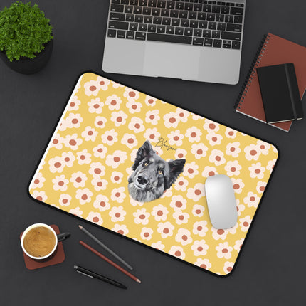 Yellow Floral Desk Mat with Dog Portrait — Cute Office Mousepad for Pet Lovers