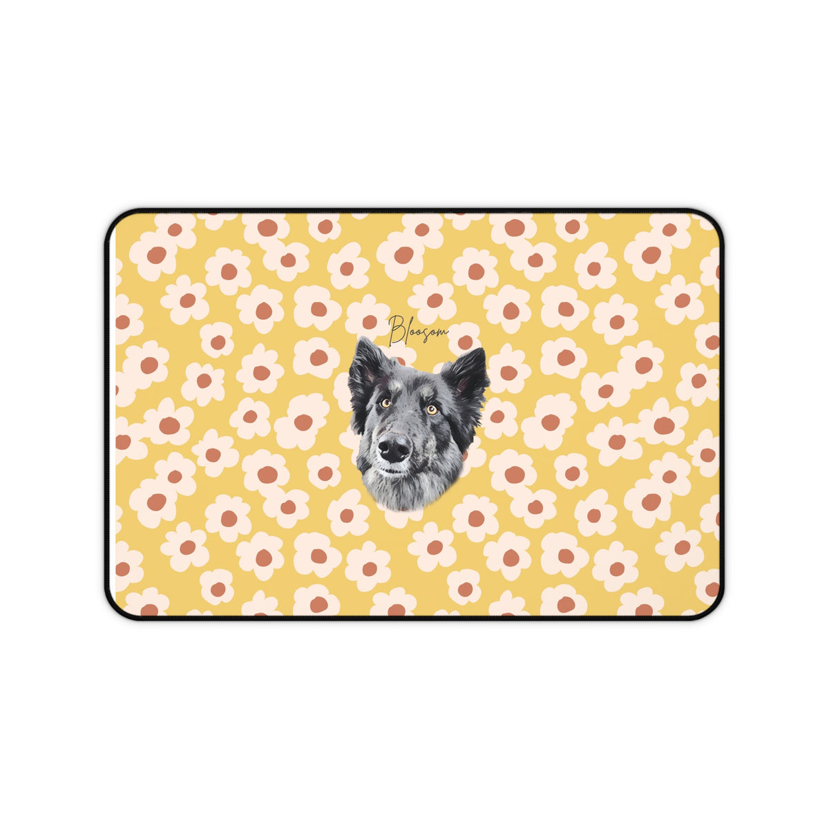 Yellow Floral Desk Mat with Dog Portrait — Cute Office Mousepad for Pet Lovers