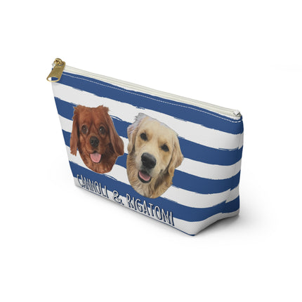Personalized Dog Face Accessory Pouch — "Cannoli & Rigatoni" Striped Makeup Bag
