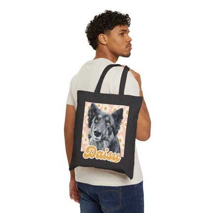 Personalized Dog Tote Bag - 'Daisy' Canvas Shopper with Retro Floral Portrait