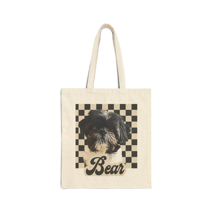 Personalized Pet Tote Bag — Custom "Bear" Shih Tzu Portrait on Checkerboard Canvas Tote