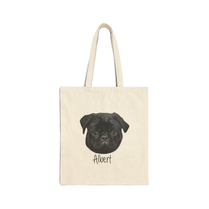 Tote Bag — Personalized Black Pug Portrait Canvas Tote (Custom Name)