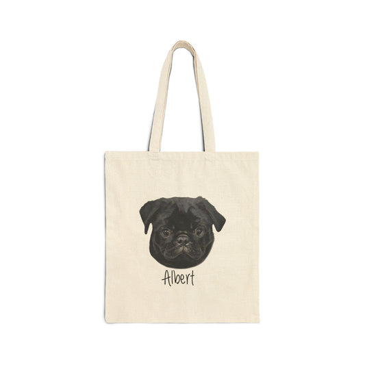 Tote Bag — Personalized Black Pug Portrait Canvas Tote (Custom Name)
