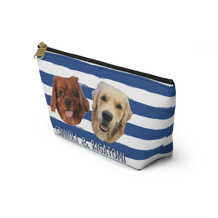 Personalized Dog Face Accessory Pouch — "Cannoli & Rigatoni" Striped Makeup Bag