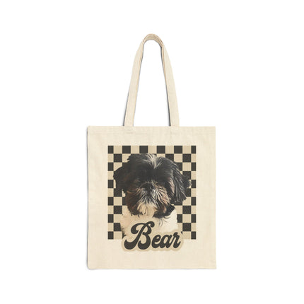 Personalized Pet Tote Bag — Custom "Bear" Shih Tzu Portrait on Checkerboard Canvas Tote