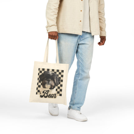 Personalized Pet Tote Bag — Custom "Bear" Shih Tzu Portrait on Checkerboard Canvas Tote