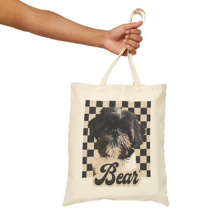 Personalized Pet Tote Bag — Custom "Bear" Shih Tzu Portrait on Checkerboard Canvas Tote