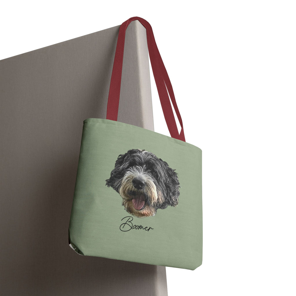 Dog Portrait Tote Bag — Custom Pet Face Print (e.g., “Boomer”)