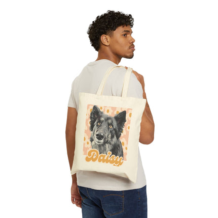 Personalized Dog Tote Bag - 'Daisy' Canvas Shopper with Retro Floral Portrait