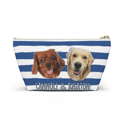 Personalized Dog Face Accessory Pouch — "Cannoli & Rigatoni" Striped Makeup Bag