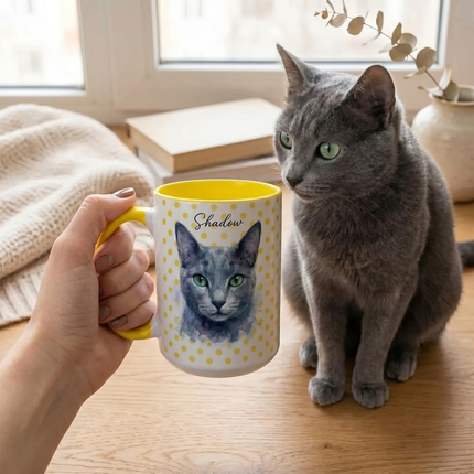 Personalized Dog Photo Polka Dot Accent Coffee Mug (11/15oz) — Custom Name "Sopy"