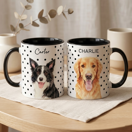 Personalized Dog Photo Polka Dot Accent Coffee Mug (11/15oz) — Custom Name "Sopy"
