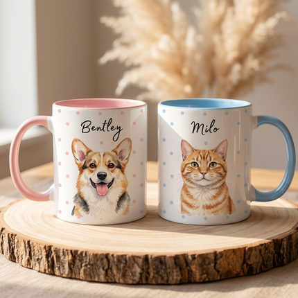Personalized Dog Photo Polka Dot Accent Coffee Mug (11/15oz) — Custom Name "Sopy"