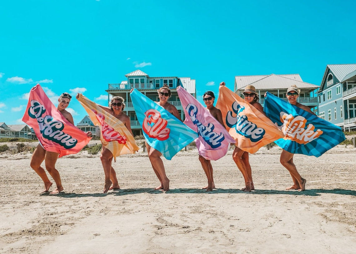 Groovy RETRO Style Personalized Beach Towel Personalized Name Bath Towel Custom Beach Towel With Name Outside Birthday Vacation Gift - CustomCooper