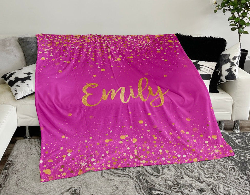 Personalized Gold Glitter Style Blanket, Custom Minky Fleece Blanket