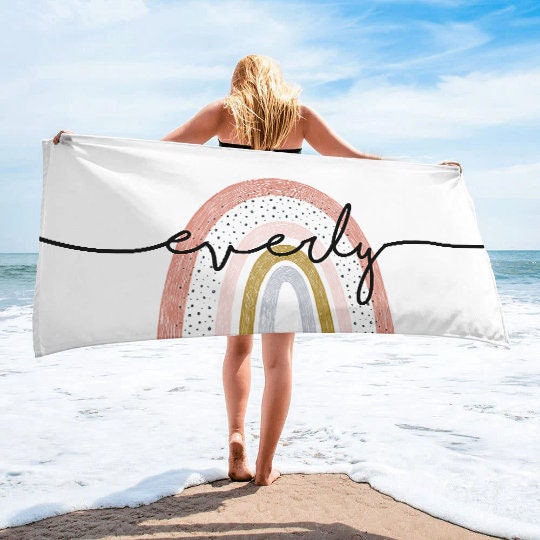 Personalized Rainbow Beach Towel with Name – Custom Bath, Pool Towel, Birthday & Vacation Gift, Soft Absorbent Outdoor Towel