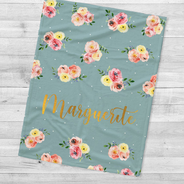 Floral Personalized Blanket: Plush Minky or Sherpa, Custom Name Gift