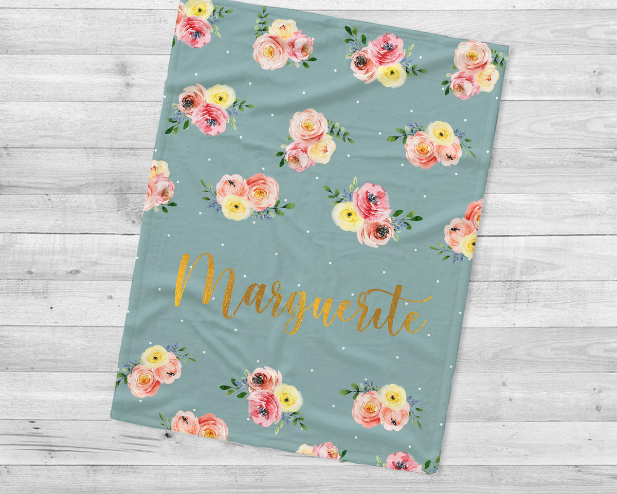 Floral Personalized Blanket: Plush Minky or Sherpa, Custom Name Gift