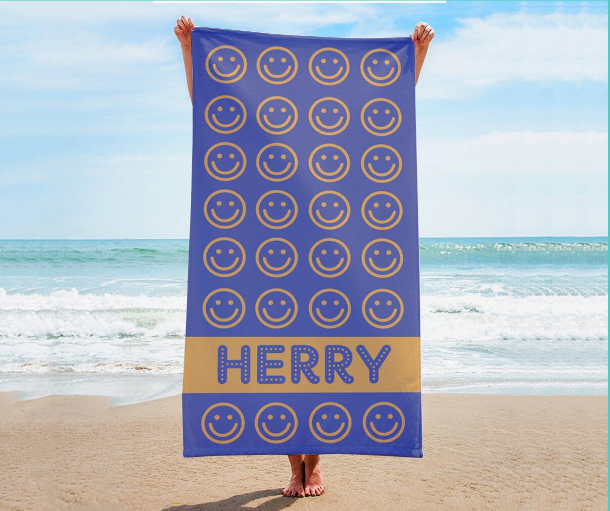 New Happy Smile Personalized Beach Towel Personalized Name Bath Towel Custom Pool Towel Beach Towel With Name Outside Birthday Vacation Gift