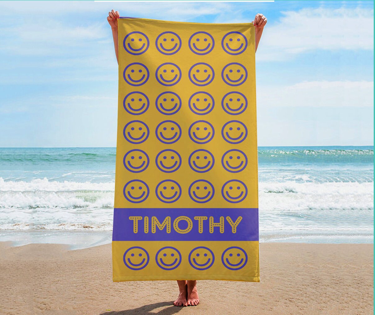 New Happy Smile Personalized Beach Towel Personalized Name Bath Towel Custom Pool Towel Beach Towel With Name Outside Birthday Vacation Gift