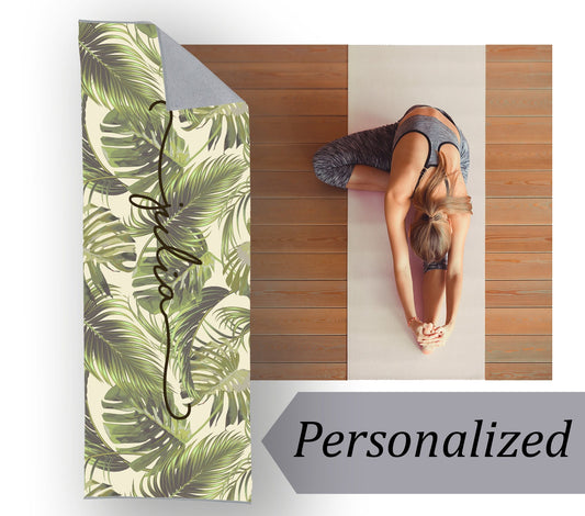 Personalized Yoga Mat Towel: Tropical Leaf Design, Custom Name
