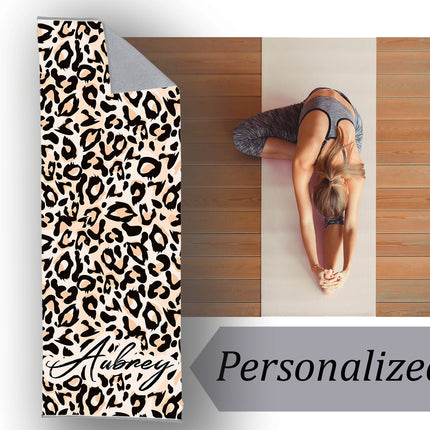 Personalized Leopard Yoga Mat Towel: Custom Name, Large Cotton Blend