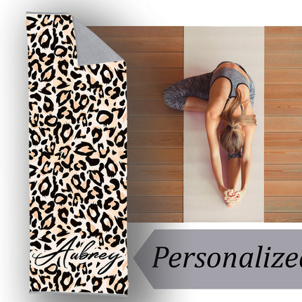 Personalized Leopard Yoga Mat Towel: Custom Name, Large Cotton Blend