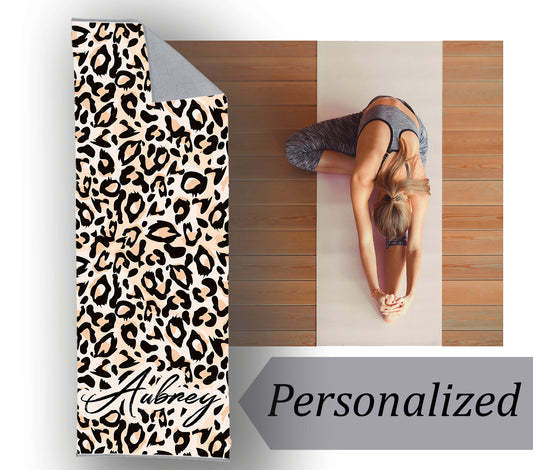 Personalized Leopard Yoga Mat Towel: Custom Name, Large Cotton Blend
