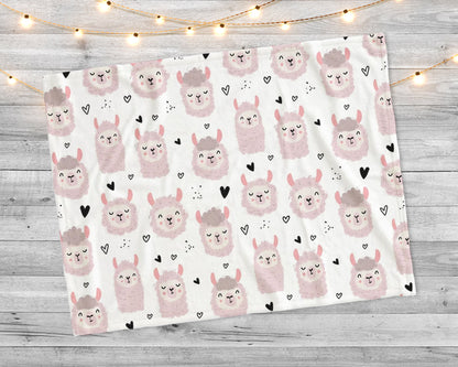 Personalized Hand-Drawn Llama Design blanket with Name, Cute lamas and hearts, Custom blanket gift, Birthday baby shower gift