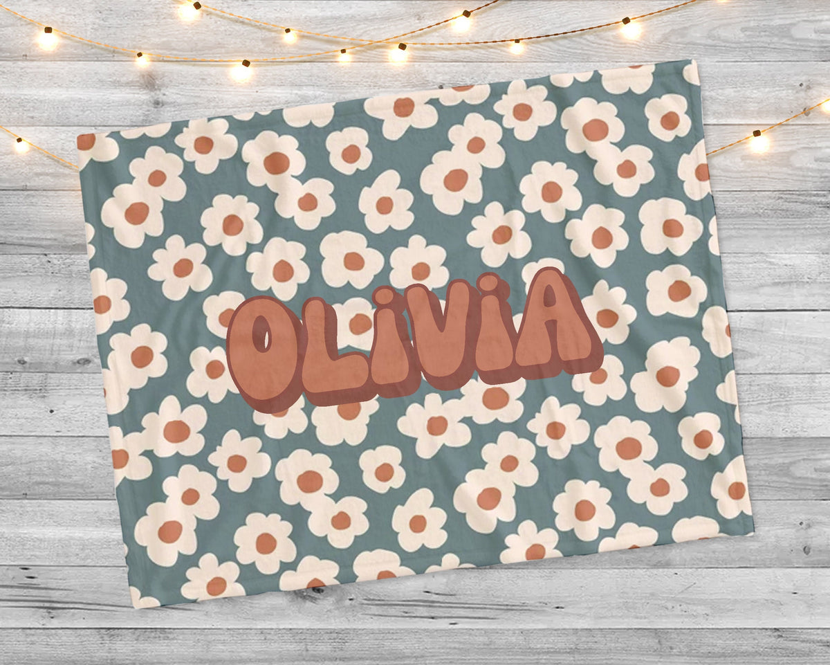 Personalized Retro Flower Baby Blanket: Custom Name Minky Sherpa Throw