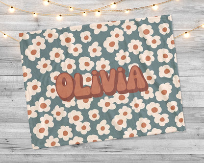 Personalized Retro Flower Baby Blanket: Custom Name Minky Sherpa Throw