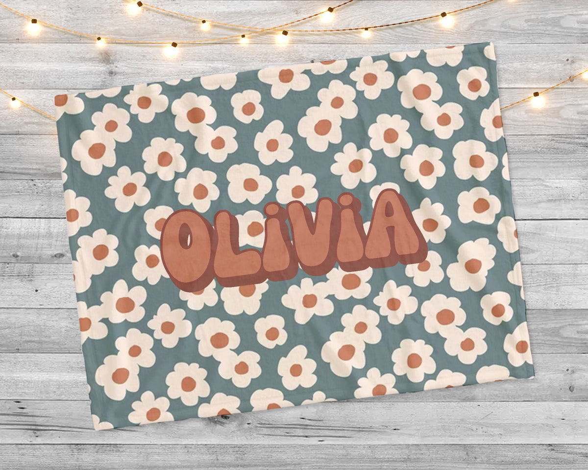 Retro Flower Personalized Blanket: Minky or Sherpa Fleece