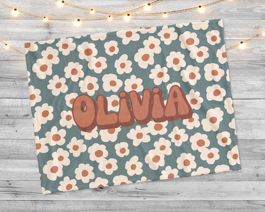 Retro Flower Personalized Blanket: Minky or Sherpa Fleece