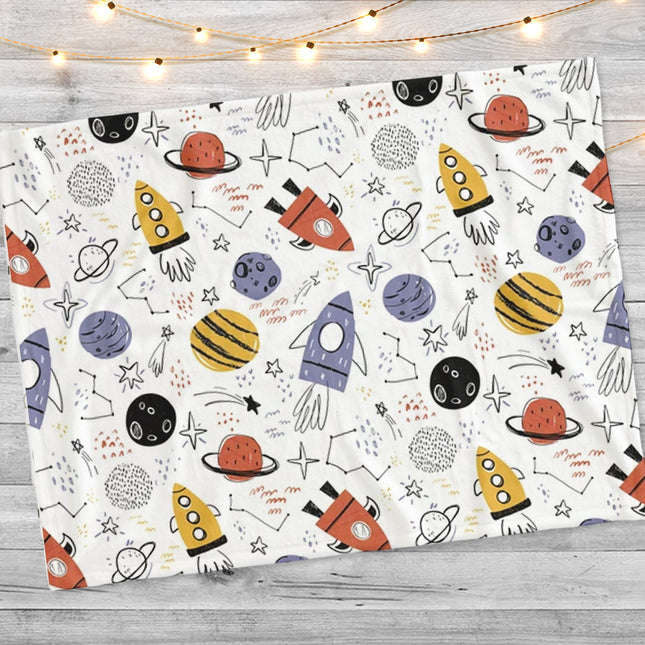 Hand-Drawn childish space ship and universe design blanket