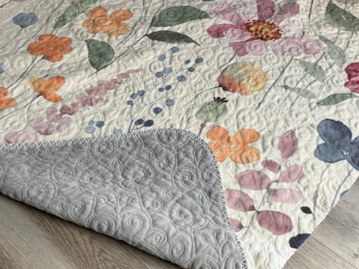 Monogram Quilted Blanket Full Size  60” x 80” quilt  Watercolor floral pattern in vintage rustic style