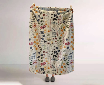 Monogram Quilted Blanket: Watercolor Floral Vintage Rustic Style (60” x 80”)