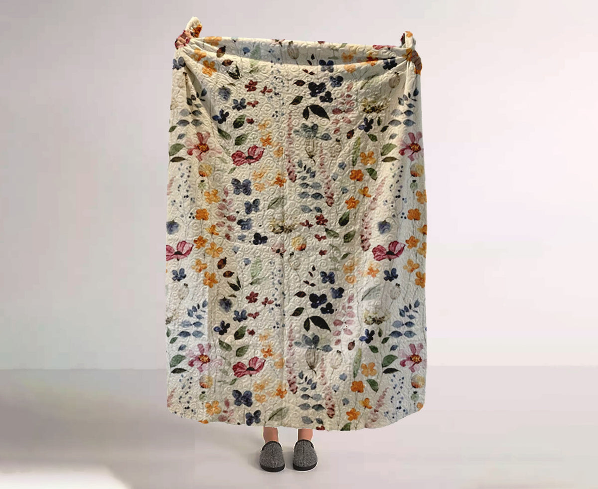 Monogram Quilted Blanket: Watercolor Floral, Vintage Rustic Style (60" x 80")