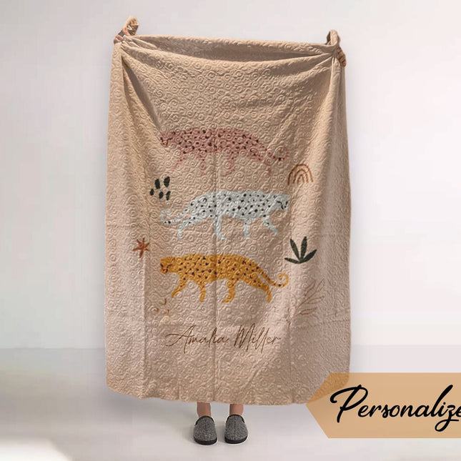 Monogram Quilted Blanket: Watercolor Animal Pattern, Rustic Vintage Style (60” x 80”)