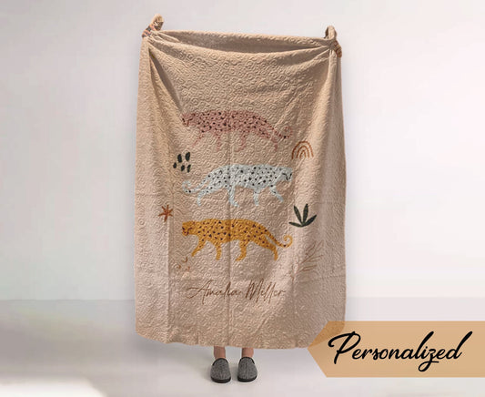 Monogram Quilted Blanket: Watercolor Animal Pattern, Rustic Vintage Style (60” x 80”)