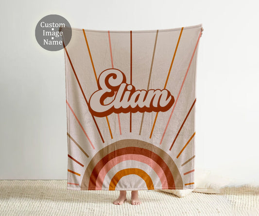 Retro Rainbow Personalized Blanket: Minky or Sherpa Custom Name Blanket