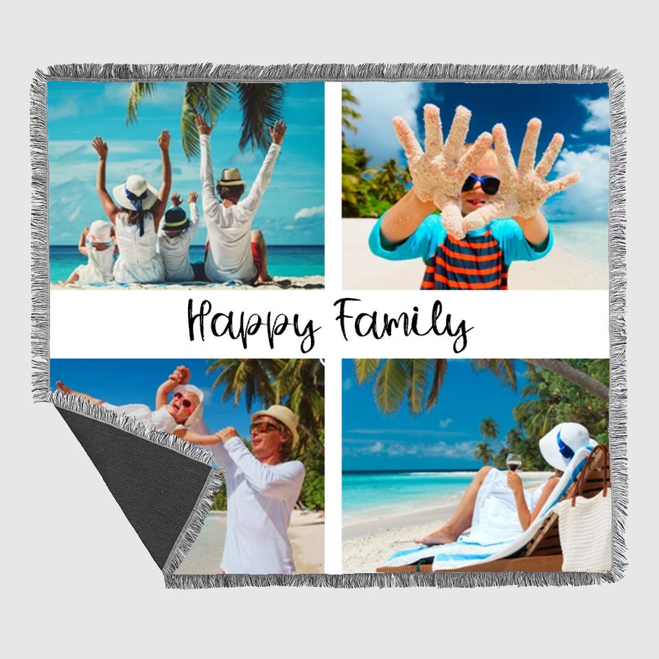 Personalized Four Photo Custom Sublimated Tapestry Woven Cotton Throw - Made in The USA (60"x54")