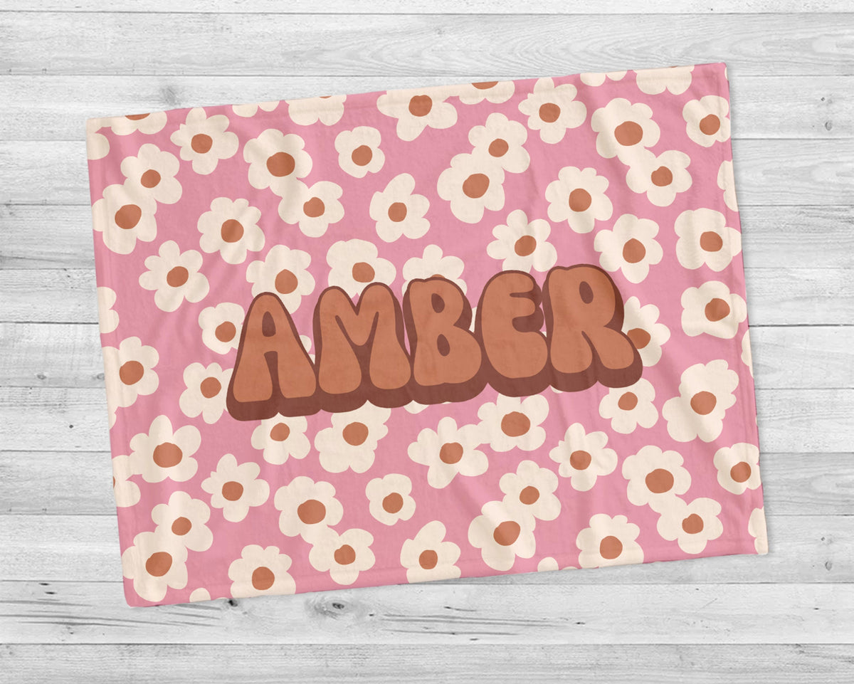 Personalized Retro Flower Baby Blanket: Custom Name Minky Sherpa Throw
